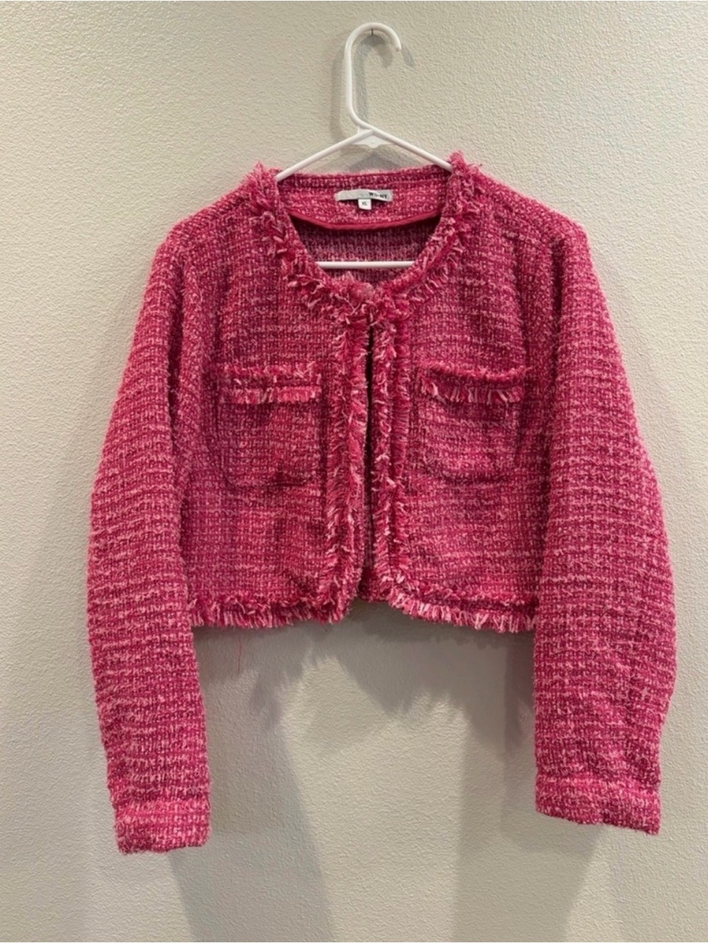 WD.NY Pink Bouclé Cropped Fringe Jacket